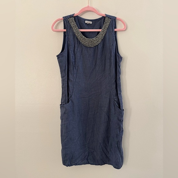 Lina Tomei Dresses & Skirts - Lina Tomei Linen Blue Sleeveless Shift Pocket Dress Silver Beaded Neckline Large